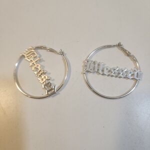 Silver Tone Hoop Earrings with 'Blessed' Design